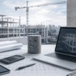 Plano de proyecto comercial y modelo BIM sobre mesa de trabajo de ingeniería