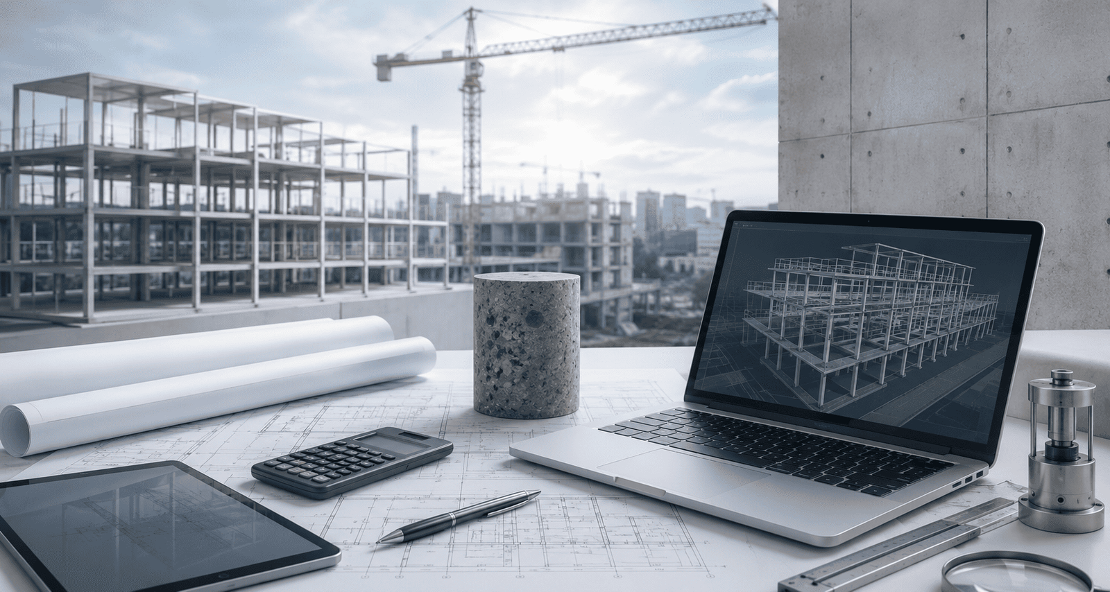 Plano de proyecto comercial y modelo BIM sobre mesa de trabajo de ingeniería