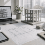 Modelo estructural y planimetría de un proyecto comercial coordinado en BIM