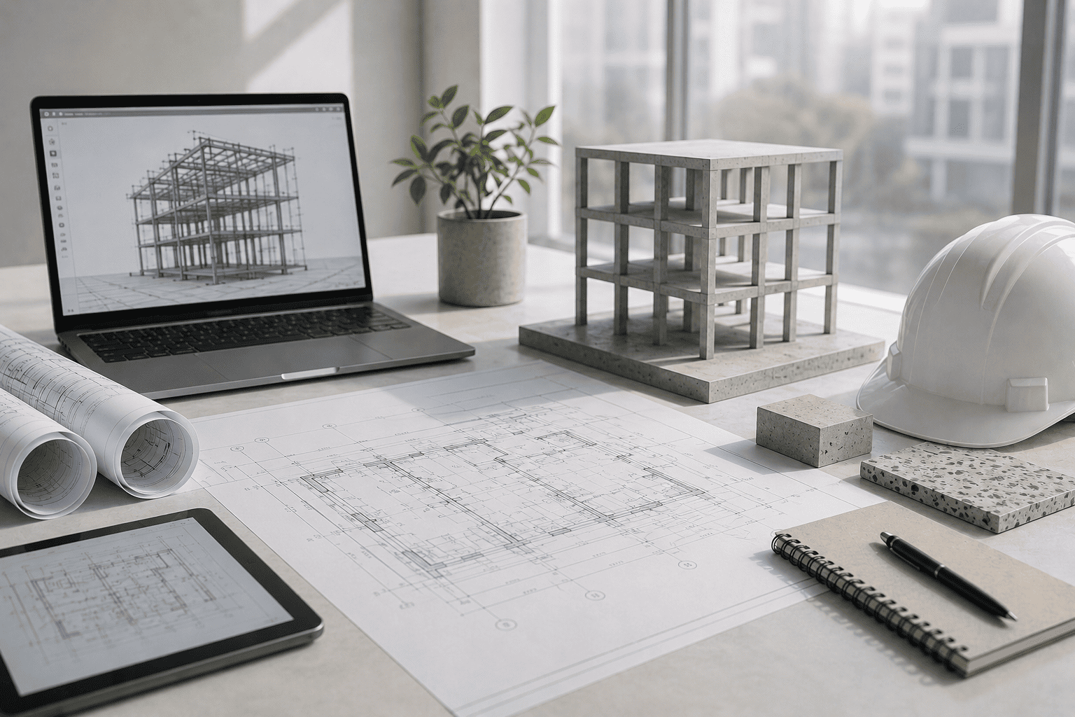 Modelo estructural y planimetría de un proyecto comercial coordinado en BIM
